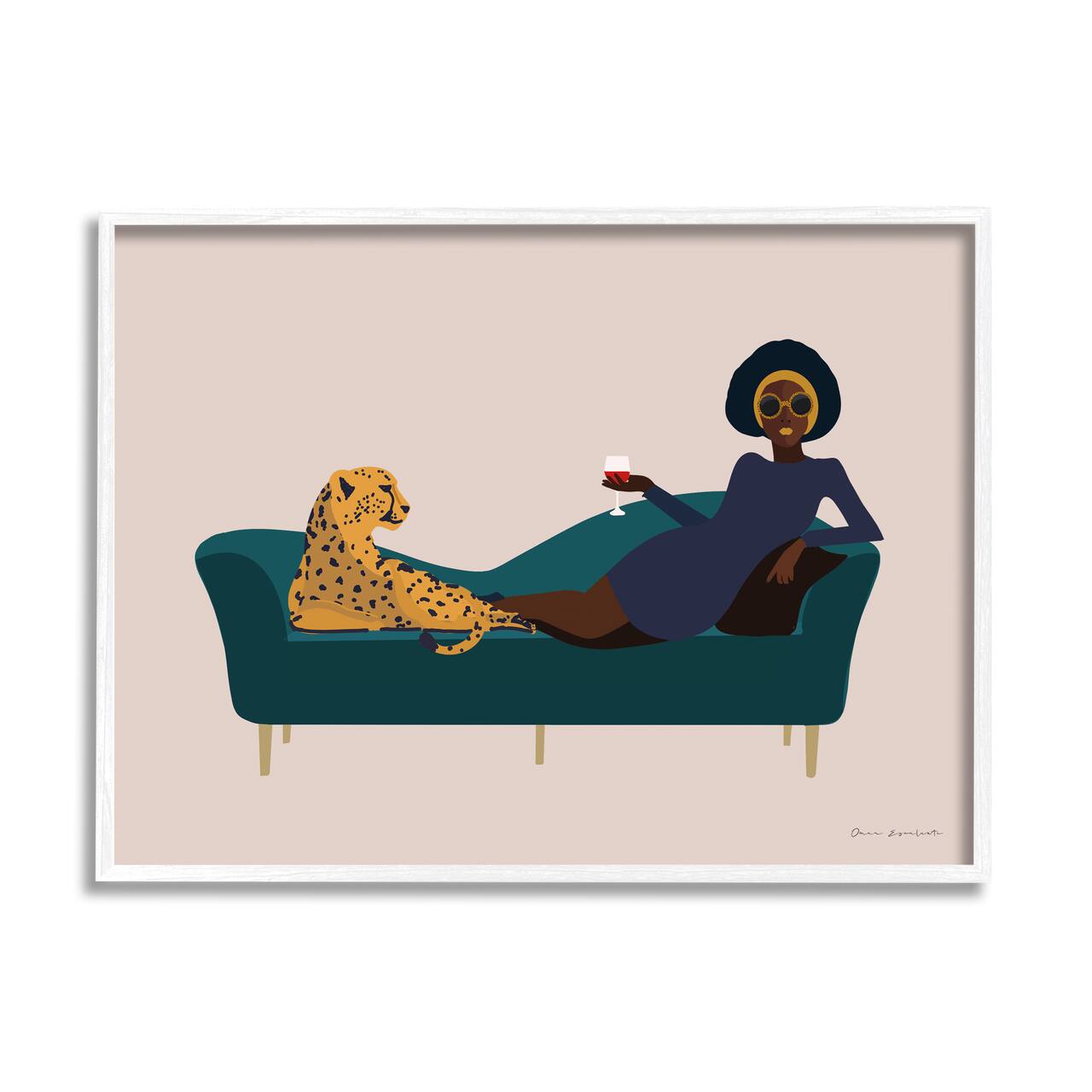 Stupell Industries Modern Fashion Female Wine Glass Cheetah Animal Couch Framed Wall Art